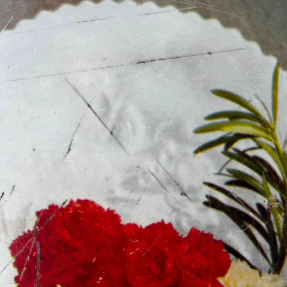 Vintage Round Metal Floral Serving Tray Red White Carnations Black Rim Retro 13